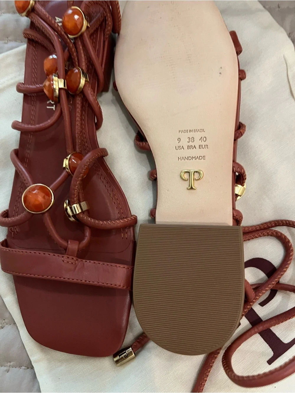 Rust Gem-Embellished Lace-Up Sandals